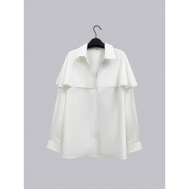 Plus Size, Plus Size Women's Elegant Long Sleeve Blouse with Oversized Collar & Ruffled Mandarin Collar - Semi-Sheer Wrinkle-Resistant-Like Smock Jacket-like Top, Hand Washable All-Season Professional Shirt (No Elasticity) for Office