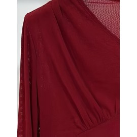 Plus Size - Elegant V-Neck Blouse with Ruched Detail - Long Sleeve, Solid Brown, Medium Stretch Fabric, Perfect for Evening Outfits, Ladies Blouses