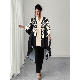 [Plus Size Blouse] Elegant Plus Size V-Neck Floral Print Blouse | Black and White, Non-Stretch Fabric, Perfect for All Seasons, Tie Waist and Puff Sleeves, Ladies