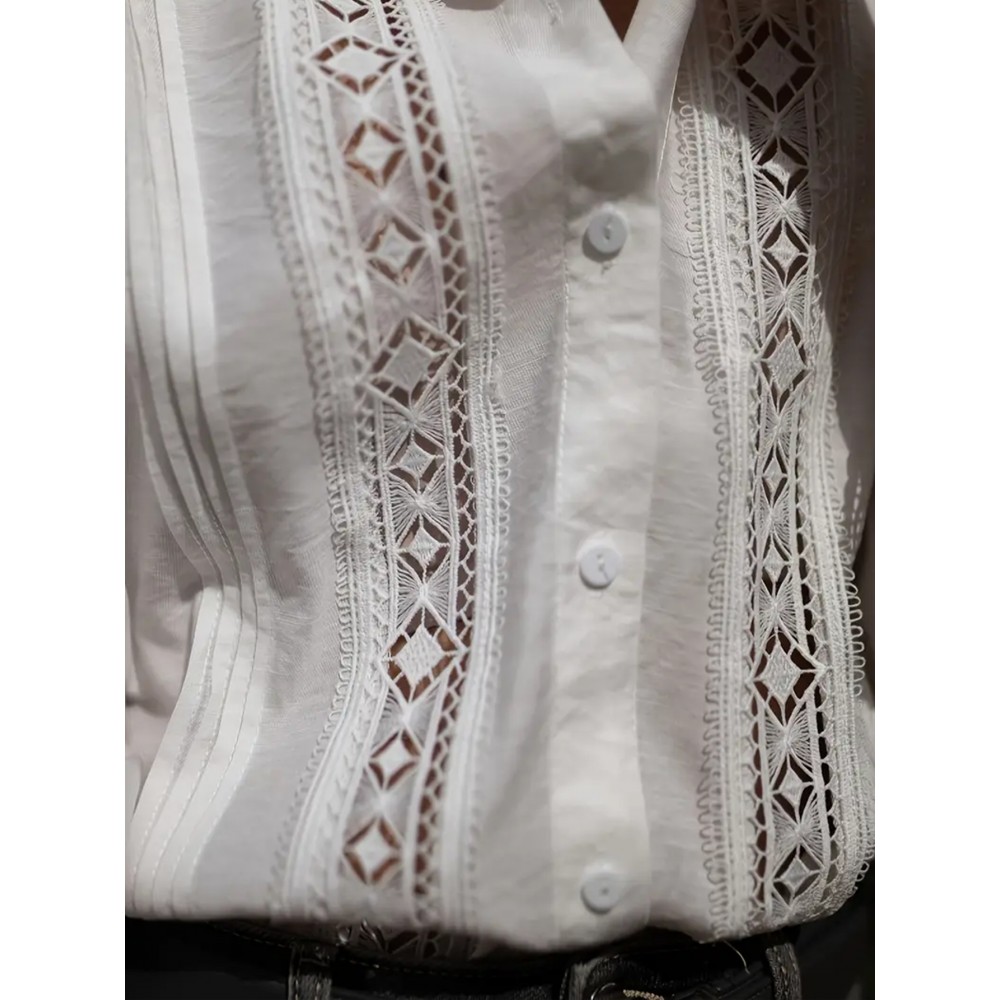 Plus Size, Women's Elegant Blouse - Formal & Everyday Chic Shirt with Lace-like pattern, Non-Stretch Fabric for Office, Wedding, Party - All-Season White Blouse for Women, Office Attire, Nontransparent Fabric