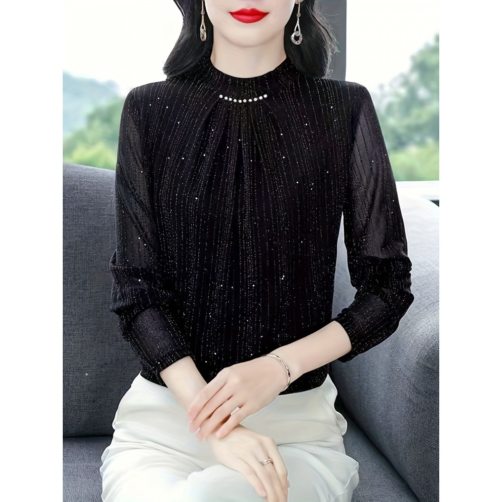 Plus Size, Women's New Winter Plus Size Mesh Shiny Hand-Set Diamond Turtleneck Long Sleeve Top