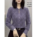 Plus Size - 1pc Elegant Lace Trim Long Sleeve Blouse for Women - Chic Round Neck, Non-Stretch Fabric, Floral Pattern, Perfect for Spring/Fall, Versatile Layering Piece, Spring Fashion Top | Floral Pattern Top | Nonstretch Material