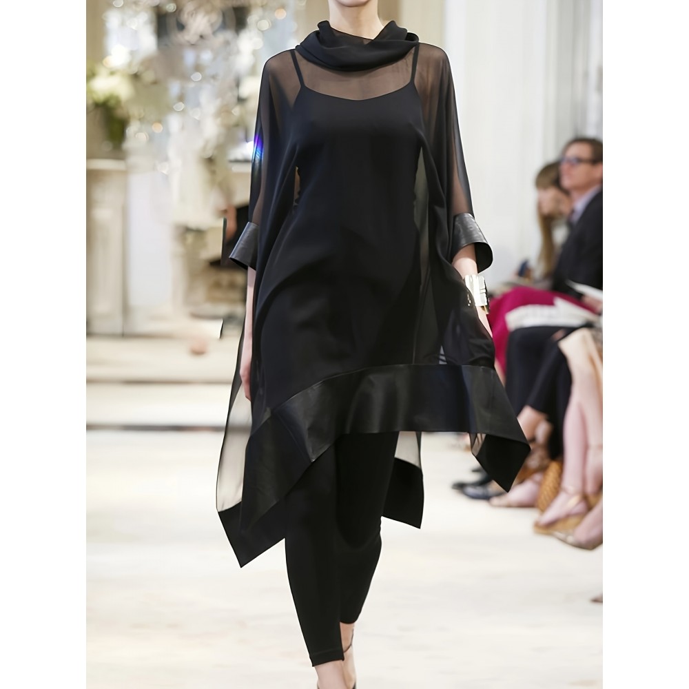 Plus Size, Women's Plus Size Elegant Blouse - Semi-Sheer Asymmetrical Shirt with Stack Neckline, Lightweight Chic Tops for Casual & Formal Events - Machine Washable Women's Clothing, Formal Attire, 3/4 Sleeve Design, Delicate Fabric