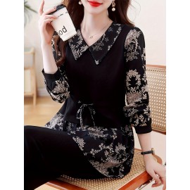 [Floral Print Blouse] Plus Size, Plus Size Floral Print Long Sleeve Shirt - Elegant Loose Fit H-Line Blouse With Contrast Collar & Drawstring Waist, Machine Washable Spring/Fall Top For Women, Casual Chic Wear, Sophisticated Pullover, Quality Casualwear
