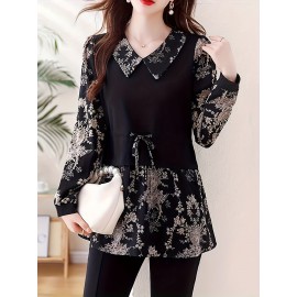 [Floral Print Blouse] Plus Size, Plus Size Floral Print Long Sleeve Shirt - Elegant Loose Fit H-Line Blouse With Contrast Collar & Drawstring Waist, Machine Washable Spring/Fall Top For Women, Casual Chic Wear, Sophisticated Pullover, Quality Casualwear