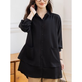 Plus Size, BOHC Women's Oversized Tunic Shirt - Longline Collar Blouse with Button Front Closure, Solid Black Floor-Length or Above-Knee Length Options, Structured Fit for Spring/Fall Casual & Formal Wear, Minimalist Elegant Blouse for Women (Hand Wash/Dry Clean) - New Relaxed Fit Tunic with Button-Up Front, Smooth Texture & Solid Color Design, Suitable for Layering or Standalone Wear, Clothes for Women, Plus Size Lace Blouse, Blouses for Women High Quality,