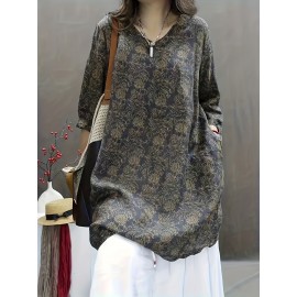 Plus Size, Women's Elegant V-Neck Long Sleeve Blouse - Olive Green & Beige Abstract Floral Print, Loose Fit Soft Lightweight Shirt with V-Neck & Slit Hem, All-Season Casual to Semi-Formal Blouse for Everyday & Formal Wear, Machine Washable (Green/Beige) - Relaxed Fit with Digital Print, Structured Collar & Open Hem, Suitable for Layering, Versatile for Casual or Formal Outfits, Plus Size Women Blouses, Plus Size Women Tops, Blouses For Women Plus Size,