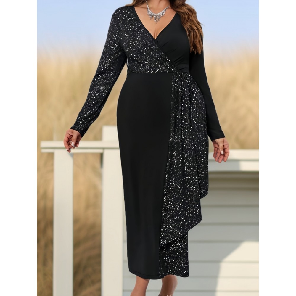 Plus Size, European and American Fashion Halloween Christmas Holiday Style Glowing Fabric Patchwork Long Sleeve Plus Size Dress, Halloween Plus Size Women