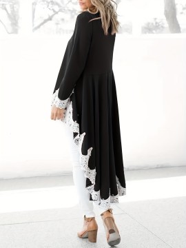 [Elegant Plus Size Dress] Elegant Plus Size Women's Long Sleeve Maxi Dress | Black & Lace Contrast, Flowy Formal/Everyday Dress with Round Neck, Machine Washable Non-See-Through Fabric for Parties, Office, Casual Outfits, Everyday Elegance, Sophisticated Style