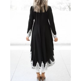 [Elegant Plus Size Dress] Elegant Plus Size Women's Long Sleeve Maxi Dress | Black & Lace Contrast, Flowy Formal/Everyday Dress with Round Neck, Machine Washable Non-See-Through Fabric for Parties, Office, Casual Outfits, Everyday Elegance, Sophisticated Style