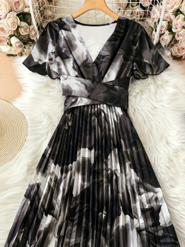 Elegant V-Neck Short Sleeve Floral Print Pleated Dress with Belt - Polyester, Black/White/Gray, Spring/Autumn, Casual & Semi-Formal Occasions, Cute Dresses