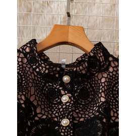 Plus Size, Women's Elegant Short Sleeve Round Neck Lace Detail A-Line Midi Dress with Button Front Closure & Elastic Waist - Machine Washable Solid Color Plus Size Party & Casual Dress