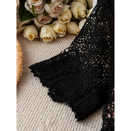 Plus Size, Women's Elegant Short Sleeve Round Neck Lace Detail A-Line Midi Dress with Button Front Closure & Elastic Waist - Machine Washable Solid Color Plus Size Party & Casual Dress