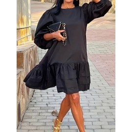 [Elegant Plus Size Dress] Elegant Plus Size Women's French-Inspired Summer Dress | Sleeveless Ruffled Hem Bodycon with Golden Chain Strap, Solid Color Round Neck for Spring/Summer Casual Wear, Cute Dresses