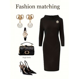 Plus Size - Plus Size, Women'S Elegant Plus Size Formal & Everyday Dress - Long Sleeve Round Neck Solid Color Red Dress with Lapel Collar, Machine Washable Winter Fall Outfits, Dresses For Women Plus Size