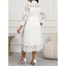 Elegant White Lace Midi Dress with 3/4 Sleeves and Belt Detail, Button-Up Front, Breathable Fabric, Perfect for Casual or Semi-Formal Occasions, Lace Dress, Occasion Wear, Nontransparent Fabric
