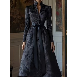 Plus Size, Women's Plus Size Black Floral Jacquard Satin Long Sleeve A-Line Stand Collar V Neck Dress