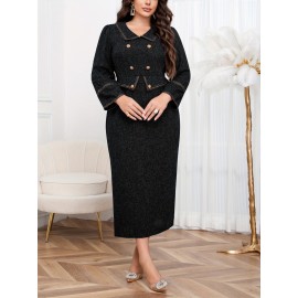 Plus Size, New Autumn Winter Middle East Directional Elegant Temperament Double-breasted Design Dress Plus Size