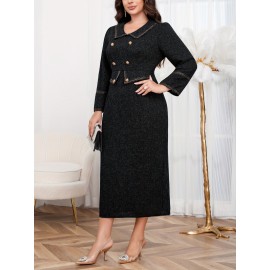 Plus Size, New Autumn Winter Middle East Directional Elegant Temperament Double-breasted Design Dress Plus Size