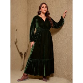 Plus Size, Plus Size A-Line Maxi Dress - Sleeve Winter Dress with -Length Hem, Machine Washable Solid Color Elegant Party Wedding Guest Dress (Casual to Formal) - Coat-Compatible Outfit