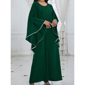 Elegant Plus Size Women'S Long Dress - Solid Color Green, Crew Neck, with Belt and Shoulder Sleeves, Flowing Design for Spring/Fall, Polyester Fabric, Casual Elegance | Belted Waist Dress | Glossy Textur
