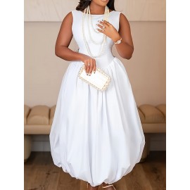 Plus Size, Women's Elegant Sleeveless Round Neck Formal Party Mini Dress - A-Line Silhouette with Flared Skirt, Machine Washable White Evening Gown for Weddings, Proms & Special Occasions, All-Season Wear