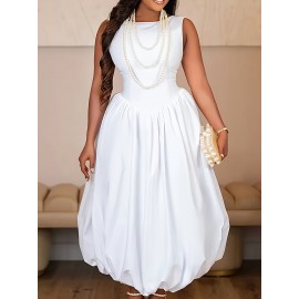 Plus Size, Women's Elegant Sleeveless Round Neck Formal Party Mini Dress - A-Line Silhouette with Flared Skirt, Machine Washable White Evening Gown for Weddings, Proms & Special Occasions, All-Season Wear