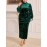 Plus Size - Autumn Winter Women'S Slim Fit Long Sleeve Velvet Dress - Stand Collar Solid Color Ruched Bodycon Pencil Skirt, Large Size Formal Party Evening Dress, Evening Wear, Elegant Design, Highquality Material