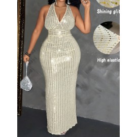Plus Size Women's Sleeveless Halter Neck Sequin Dress - Elegant Bodycon Summer Party Dress with High Slit, Hand Wash Only, Formal Occasion Attire | Stretchy Fabric Gown