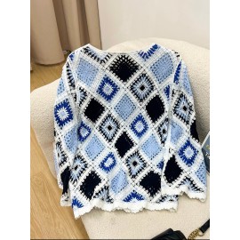 Plus Size - Women'S Bohemian Style Crochet Top - Lightweight Hollow Round Neck Sweater with Blue & Black Color Block Design, Long Sleeve Pullover for Fall/Winter
