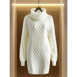 Women's Elegant High Neck Sweater Dress, Stretchy Long Sleeve Winter Dress with Round Neck, Loose Fit Solid Color Sweater Dress for Fall/Winter, Casual to Formal Wear, Plus Size