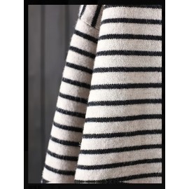 Plus Size, Plus Size Women's Elegant Oversized Hooded Sweater - Beige & Black White Striped Cardigan Jacket, Soft -like Texture Pullover for Spring/Fall Layering, Casual to Dressy Wear (No)