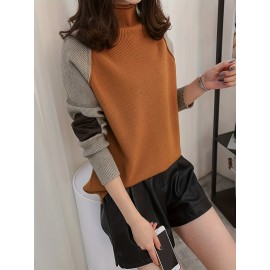 Plus Size, Women's Oversized Layering Sweater - Winter Warm High Neck Turtleneck Pullover, Brown/Beige//Gray, Hand Washable Thick Sweater for Fall & Winter, Casual & Office Wear, Plus Size Friendly Cozy Sweating-Free Base Layer