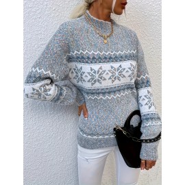 Plus Size, Women's Plus Size Winter Sweater Sweater Vest-like Long Sleeve Tunic - Soft Stretchy Turtleneck Sweater Coat with Snowflake & Print (Blue/White/Pink/Brown) - Cozy Christmas Party & Casual Outfits for Cold Weather - Plus