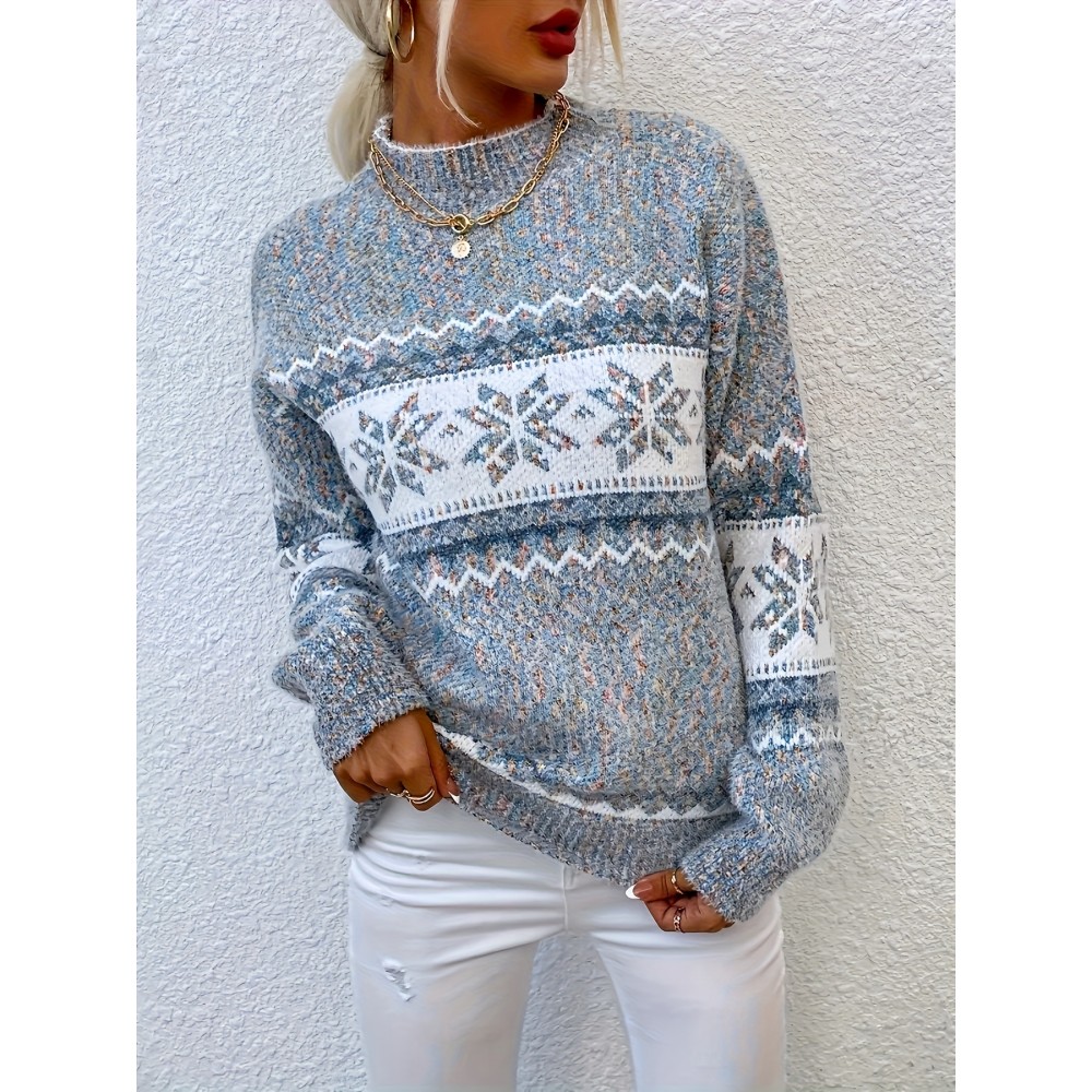 Plus Size, Women's Plus Size Winter Sweater Sweater Vest-like Long Sleeve Tunic - Soft Stretchy Turtleneck Sweater Coat with Snowflake & Print (Blue/White/Pink/Brown) - Cozy Christmas Party & Casual Outfits for Cold Weather - Plus