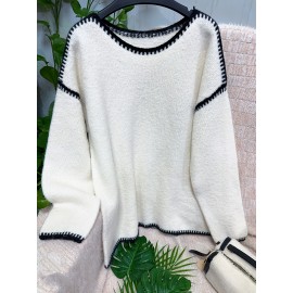 Plus Size - Women'S Casual Long Sleeve Pullover Sweater with Contrast Trim - Loose Fit, Round Neck, Medium Stretch, Striped Pattern, All-Season Comfort, Casual Wear|Striped Sweater|Medium Stretch Fabric