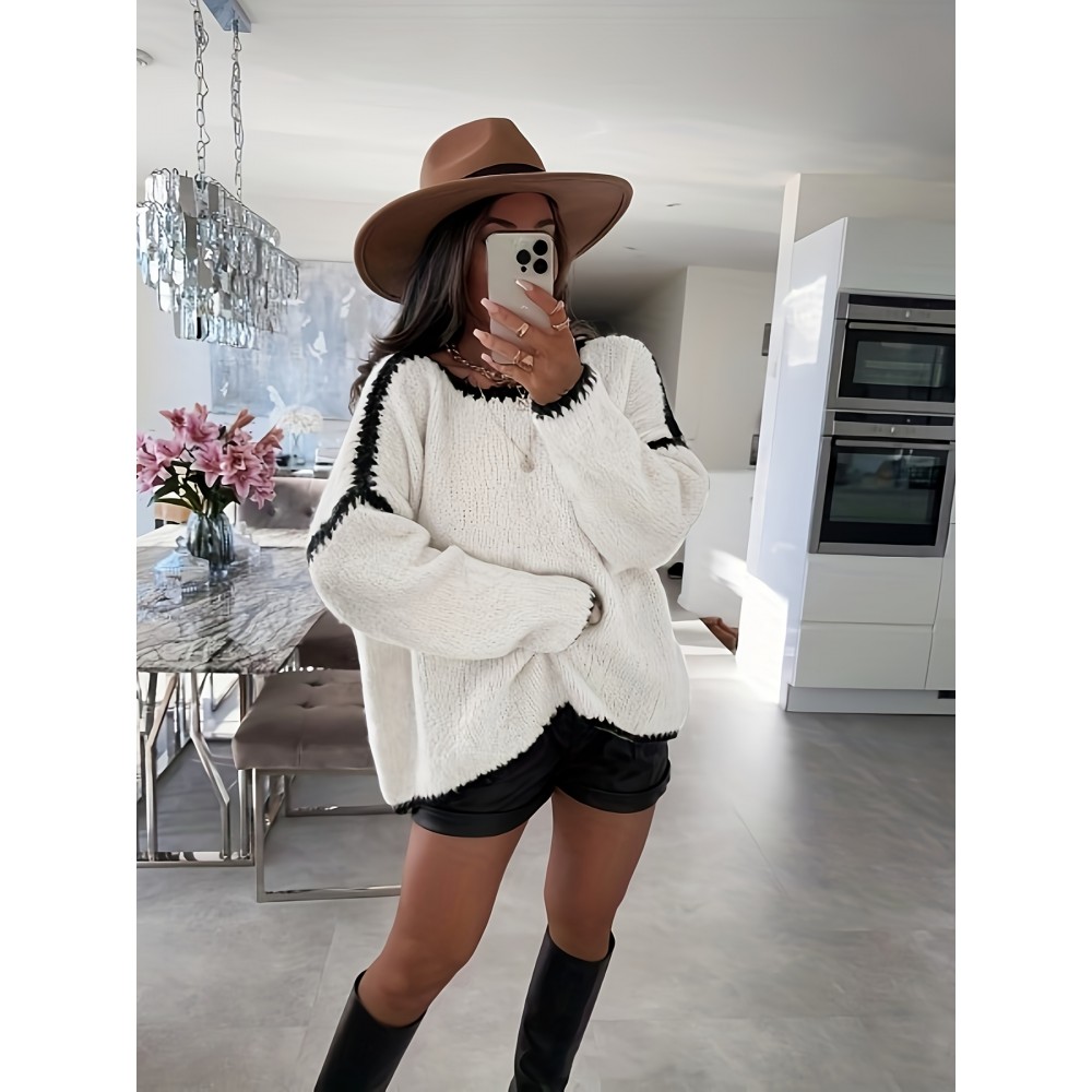 Plus Size - Women'S Casual Long Sleeve Pullover Sweater with Contrast Trim - Loose Fit, Round Neck, Medium Stretch, Striped Pattern, All-Season Comfort, Casual Wear|Striped Sweater|Medium Stretch Fabric