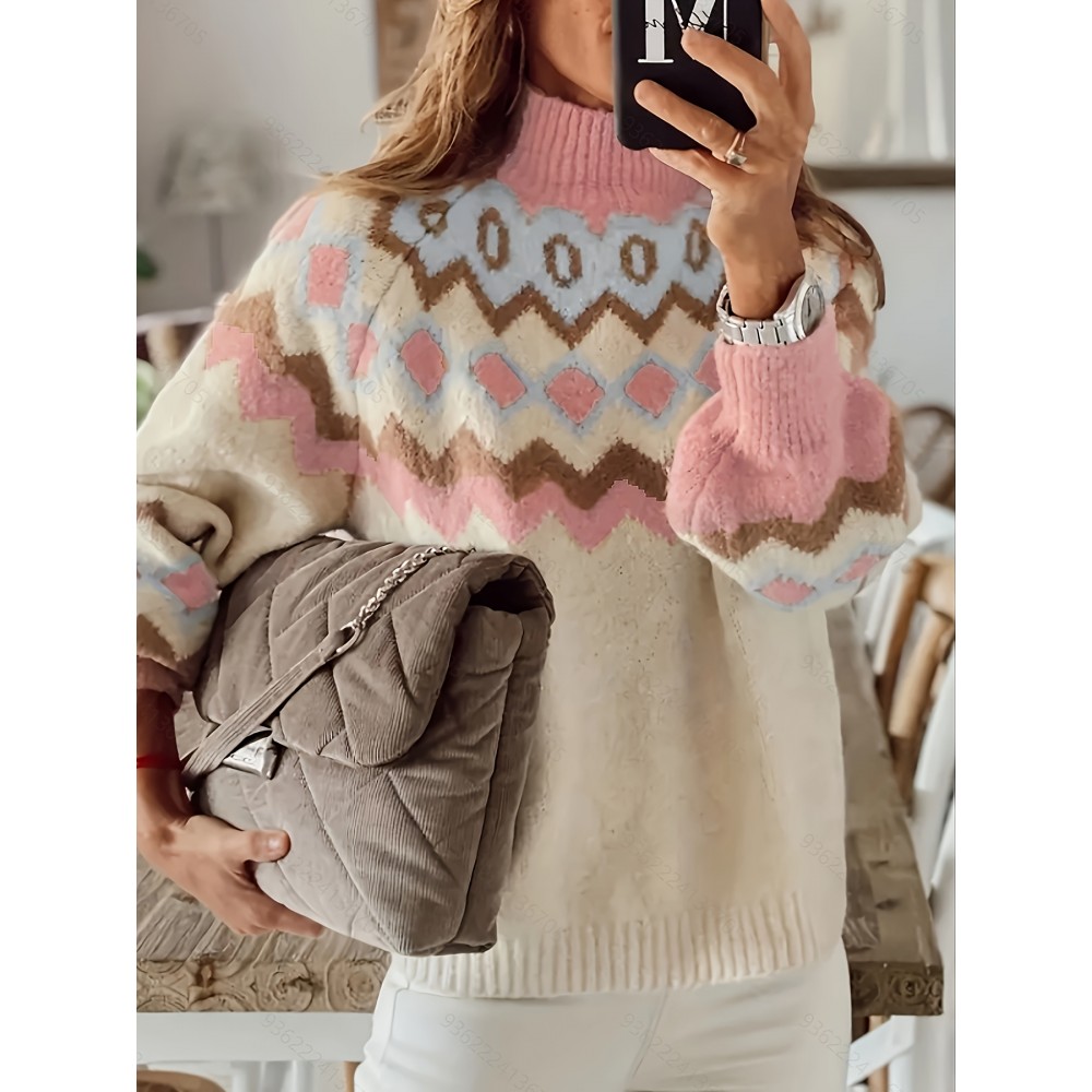 Plus Size - Women'S Plus Size Sweater - Elegant High Neck Pullover with Geometric Pattern in Beige, Pink, Brown, Blue - Soft Warm Winter Sweater for Everyday, Party, Formal Outfits - Fall/Winter Clothing for Women, Sweater, Party Attire, Ribbed Detailing, Cozy Fabric, Casual Wear, Vintage Style, Durable Material, Stylish Top, Fashion Lovers