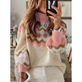 Plus Size - Women'S Plus Size Sweater - Elegant High Neck Pullover with Geometric Pattern in Beige, Pink, Brown, Blue - Soft Warm Winter Sweater for Everyday, Party, Formal Outfits - Fall/Winter Clothing for Women, Sweater, Party Attire, Ribbed Detailing, Cozy Fabric, Casual Wear, Vintage Style, Durable Material, Stylish Top, Fashion Lovers