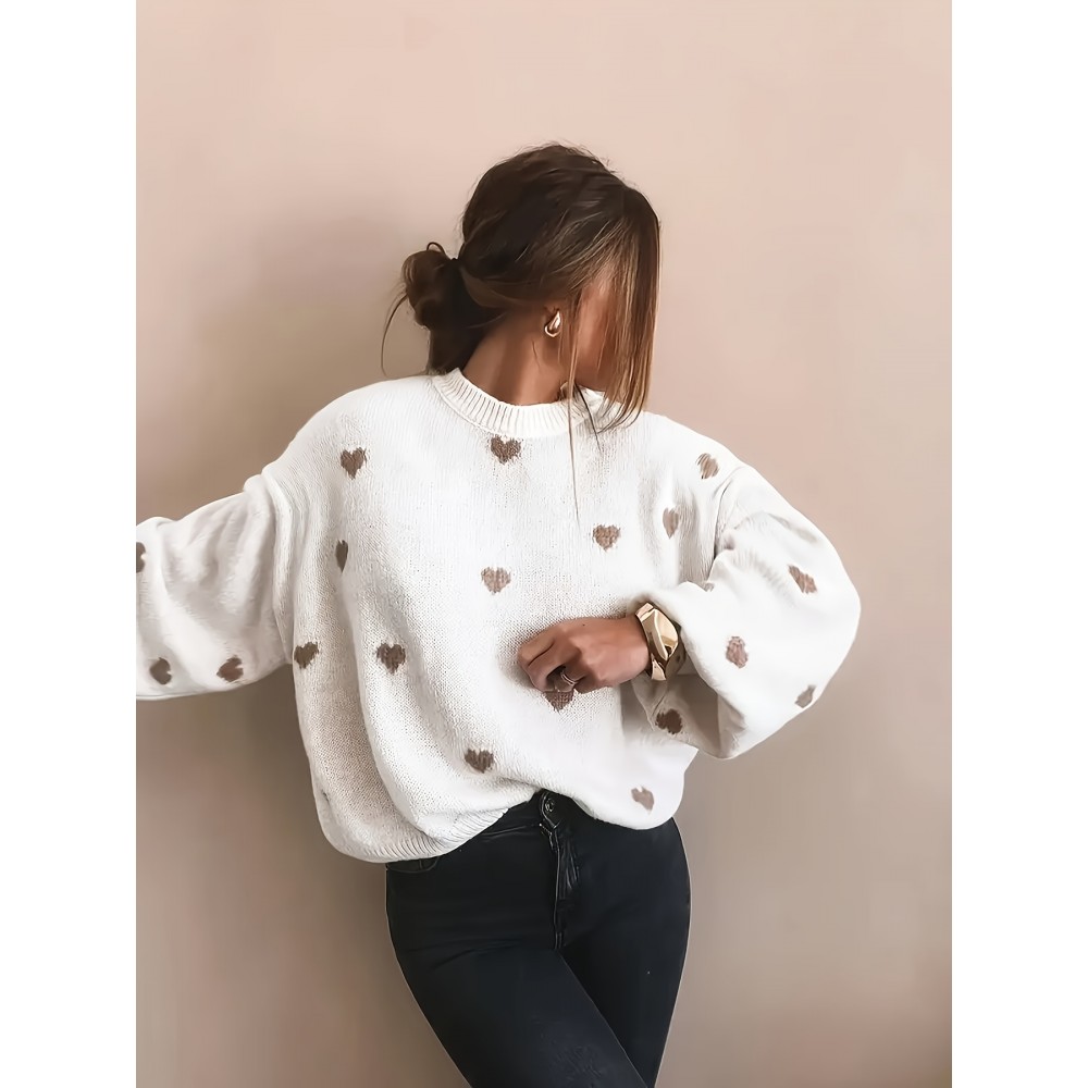 Plus Size, Women's Plus Size Oversized Heart Print Sweater - Elegant Brown & White Sweater with Heart Pattern, Round Neck Long Sleeve Winter Pullover, Cozy Fall & Winter Sweater for Women (Machine Washable) - Casual & Formal Outfits, Plus Size Friendly, Relaxed Fit, Chic Layering Piece, Soft Fabric, Brown/Beige Tones, Suitable for Layering, Stylish and Comfortable for Casual Attire, Oversized Sweaters For Women Plus Size, Plus Size Knitwear,