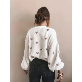 Plus Size, Women's Plus Size Oversized Heart Print Sweater - Elegant Brown & White Sweater with Heart Pattern, Round Neck Long Sleeve Winter Pullover, Cozy Fall & Winter Sweater for Women (Machine Washable) - Casual & Formal Outfits, Plus Size Friendly, Relaxed Fit, Chic Layering Piece, Soft Fabric, Brown/Beige Tones, Suitable for Layering, Stylish and Comfortable for Casual Attire, Oversized Sweaters For Women Plus Size, Plus Size Knitwear,