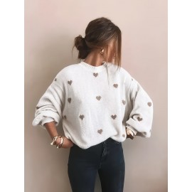 Plus Size, Women's Plus Size Oversized Heart Print Sweater - Elegant Brown & White Sweater with Heart Pattern, Round Neck Long Sleeve Winter Pullover, Cozy Fall & Winter Sweater for Women (Machine Washable) - Casual & Formal Outfits, Plus Size Friendly, Relaxed Fit, Chic Layering Piece, Soft Fabric, Brown/Beige Tones, Suitable for Layering, Stylish and Comfortable for Casual Attire, Oversized Sweaters For Women Plus Size, Plus Size Knitwear,