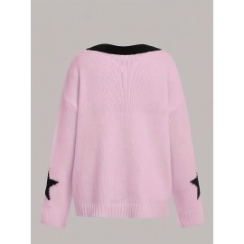 Plus Size, Plus Size Women's Oversized V-Neck Sweater - & Number 9 Print Pink Sweater with Logo-Like Lettering, Cozy Winter Sweater for NYC-Themed Outfits, Casual Elegant Hand Washable Fall Winter Sweeping Collar Sweater