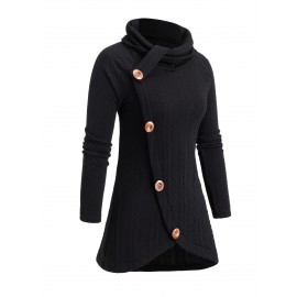 Plus Size, Plus Size Women's High Neck Asymmetrical Button-Front Long Sleeve Top - Stretch Fabric, Machine Washable, Solid Black Casual Chic Fall Winter Tops, Seasonal Wardrobe Staple, Stylish Knitwear, Quality Stitching, Button Front Blouse, Stylish Wardrobe Essential