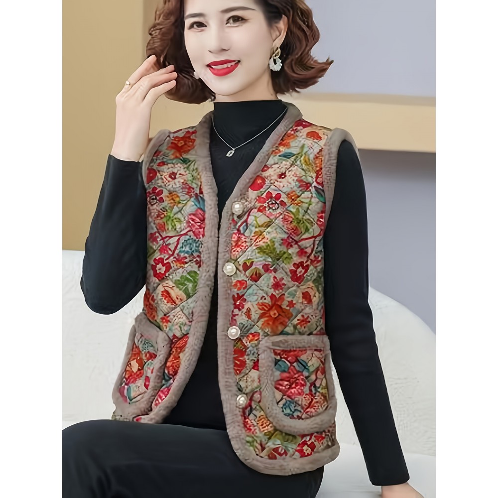 [Chinese Style Stand Collar] New Winter Plus Size Fleece-Lined Vest Cardigan Coat | Thickened Warm Comfortable, Chinese Style Stand Collar Retro Elegant Design H-Line Loose-Fit Free Floral Pattern Youthful and Stylish
