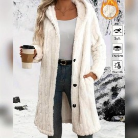 Plus Size - Women'S Elegant Fleece-Lined Hooded Coat - Long Winter Coat with Front Button Closure, Non-Stretchy Fabric, Chic Cold Weather Outerwear for Fall & Winter