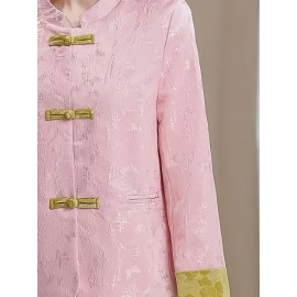Plus Size - Plus Size, Women'S Chinese Cheongsam Coat - Elegant Vintage Tang Suit Jacket with Pastel pink & Golden Floral pattern, Non-Stretch Fabric, Button Front Closure, Traditional Cultural Formal & Everyday Chic Outerwear for Chinese New Year, Weddings, Cultural Events - Ready-to-Wear Women'S Clothing, Wedding Attire, Nontransparent Material, Festive Wear, Durable Construction, Plus Size Women