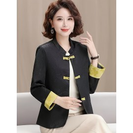 Plus Size - Plus Size, Women'S Chinese Cheongsam Coat - Elegant Vintage Tang Suit Jacket with Pastel pink & Golden Floral pattern, Non-Stretch Fabric, Button Front Closure, Traditional Cultural Formal & Everyday Chic Outerwear for Chinese New Year, Weddings, Cultural Events - Ready-to-Wear Women'S Clothing, Wedding Attire, Nontransparent Material, Festive Wear, Durable Construction, Plus Size Women