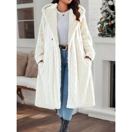 [Plus Size | Plush Hooded] Plus Size Women's Plush Hooded Winter Coat | Long Jacket with Hood, Thick Outerwear, Machine Washable & Wrinkle-Resistant White/Beige, Elegant Collar for Cold Weather (Autumn/Winter) - Coat for Tall Women