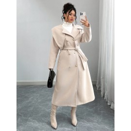 [Women's Outerwear] Plus Size Elegant Winter Coat - Women's Double-Breasted Asymmetrical Jacket with Belted Waist | Long Sleeve Trench Coat (Black) | Machine Washable for Weddings & Formal Events